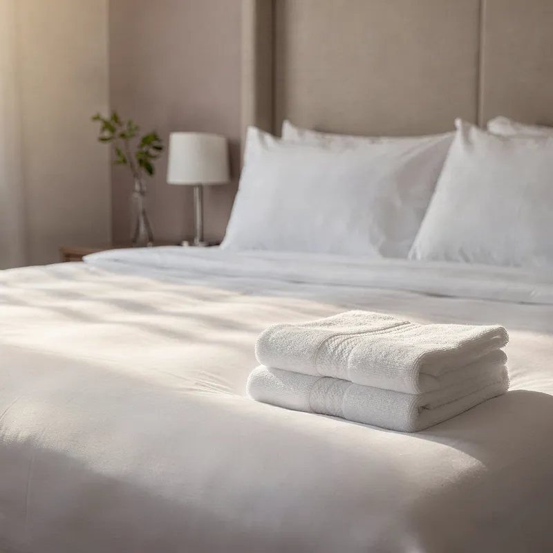 Keurig opgemaakt hotelbed met witte lakens en gevouwen handdoeken