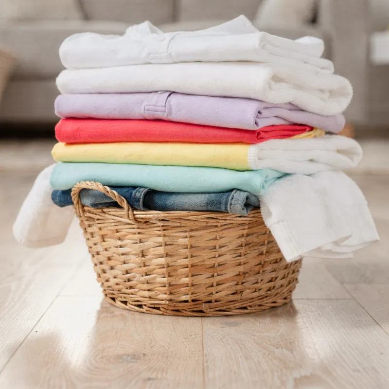 Mand met netjes gevouwen schone was en linnen op een houten vloer