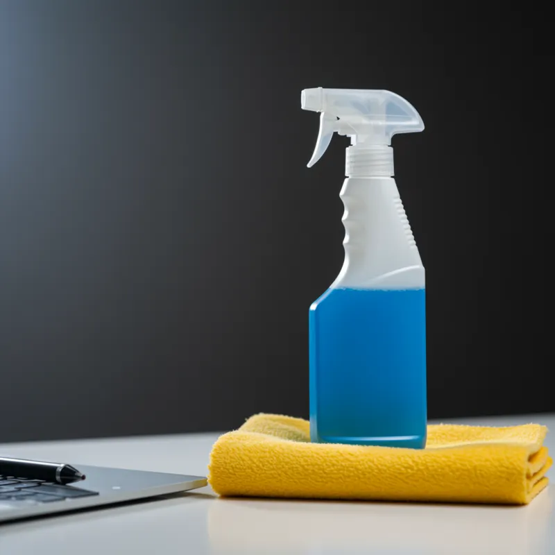 Professionele schoonmaakspray en doek op proper kantoorbureau