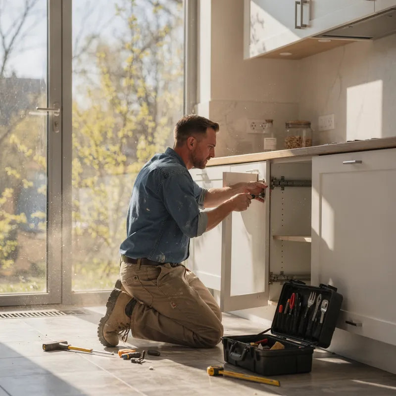 Vakman voert herstellingswerken uit in modern wooninterieur
