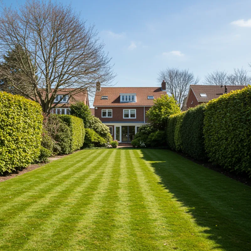 Verzorgde privétuin met groen gazon en geschoren hagen