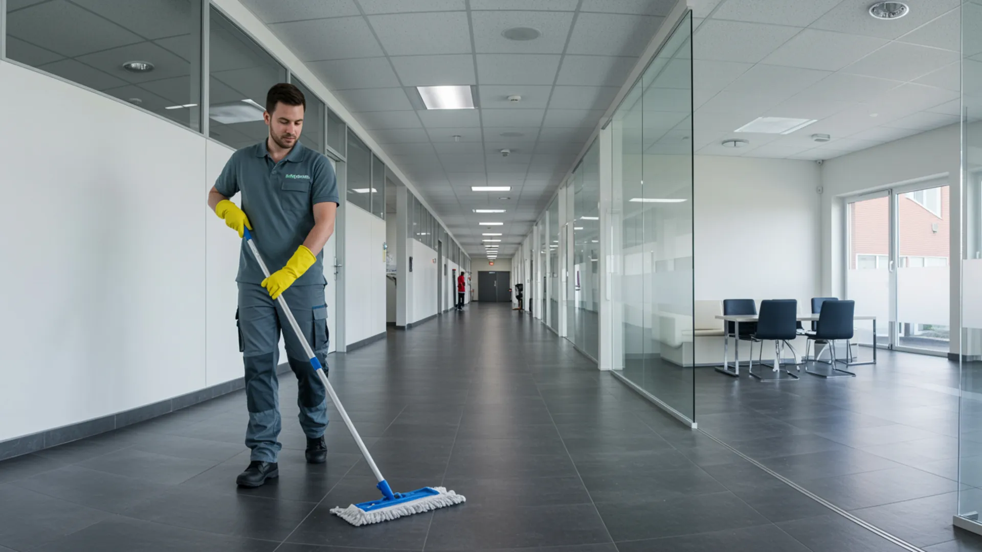 Professionele schoonmaakmedewerkster dweilt gang in modern kantoorgebouw