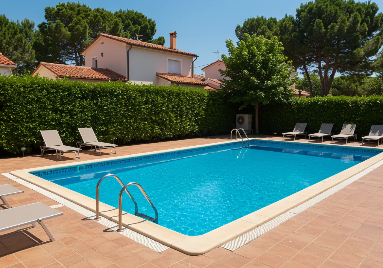 Helder buitenzwembad in onderhouden privétuin op zonnige dag